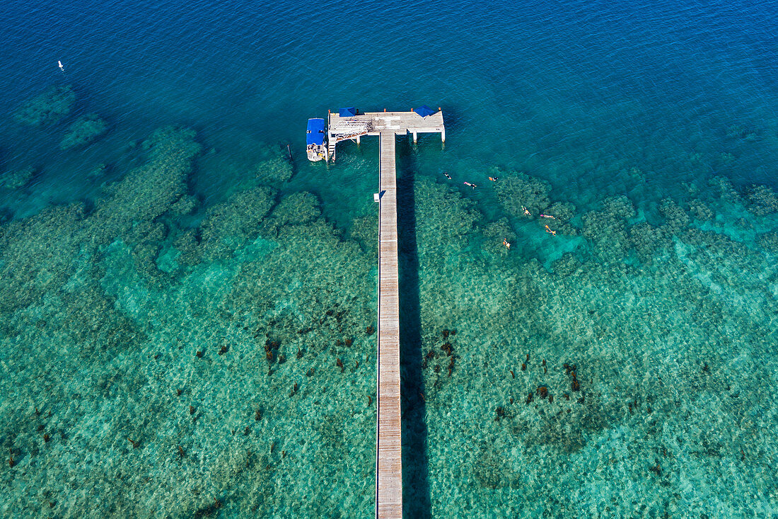 Luftaufnahme vom Pier im Malamala Island Beach Club, Mala Mala Island, Mamanuca Group, Fidschi-Inseln, Südpazifik