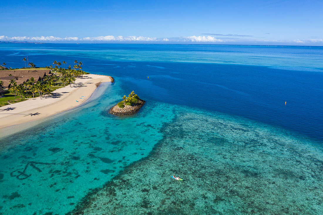 Aerial view of couple in kayak at Six Senses Fiji Resort, Malolo Island, Mamanuca Group, Fiji Islands, South Pacific