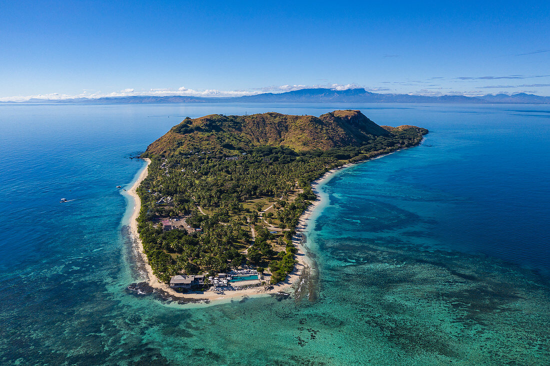 Luftaufnahme von Vomo Island Fiji Resort, Vomo Island, Mamanuca Group, Fidschi-Inseln, Südpazifik