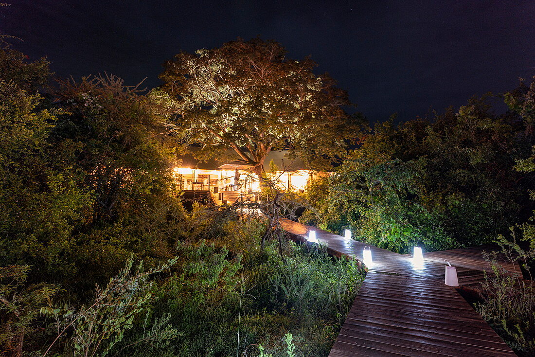 Wooden walkway leads to the main building in the luxury tented resort Magashi Camp (Wilderness Safaris) at night, Akagera National Park, Eastern Province, Rwanda, Africa