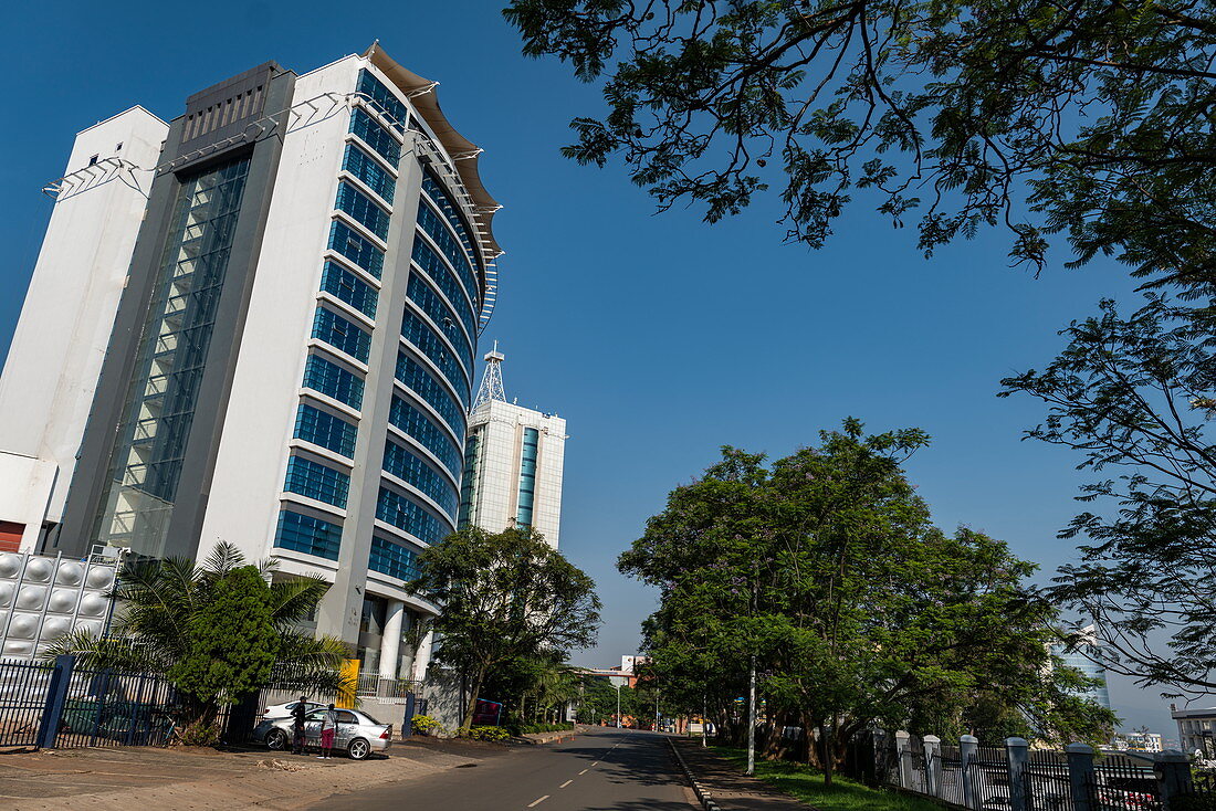 Street and high-rise office building in the city center, Kigali, Kigali Province, Rwanda, Africa