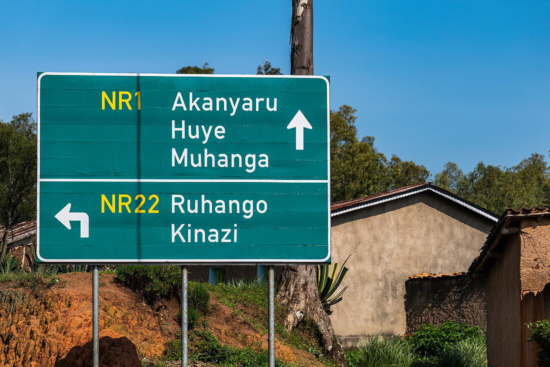 Signpost road sign, Nyamabuye, Southern Province, Rwanda, Africa