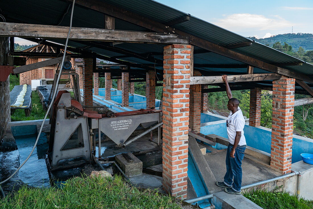 Mann erläutert Funktion von Maschinen auf einer Kaffeeplantage, Kinunu, Western Province, Ruanda, Afrika