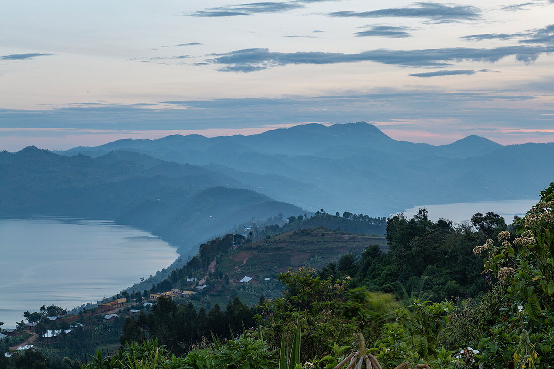 Lake Burero (left), Lake Ruhondo (right) and mountains as seen from Virunga Lodge, near Kinyababa, Northern Province, Rwanda, Africa