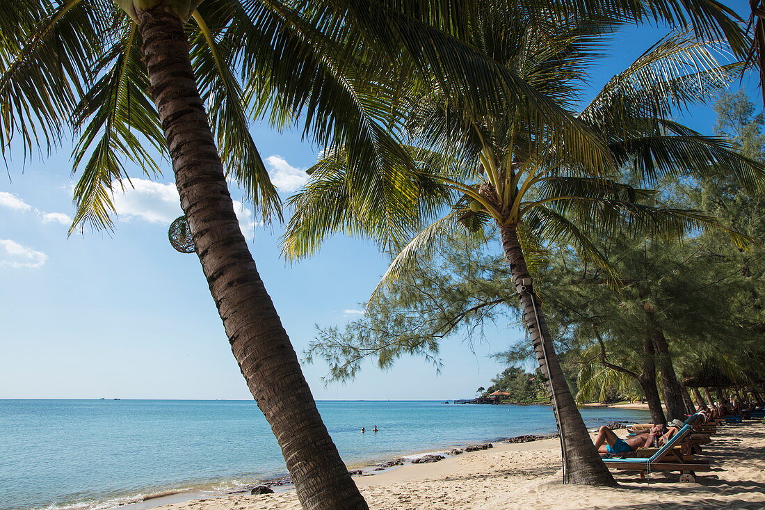 Kokospalmen und Strandliegen am Ong Lang Beach, Ong Lang, Insel Phu Quoc, Kien Giang, Vietnam, Asien