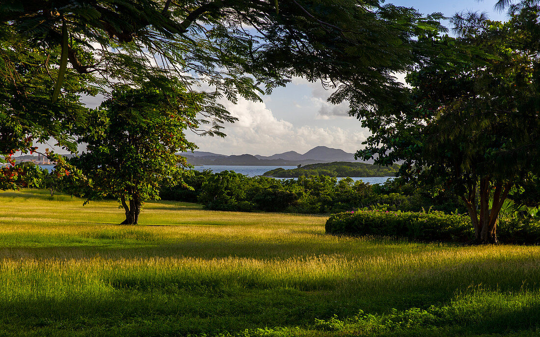 Karibische Landschaft mit Blick auf die Insel Antigua, Karibisches Meer, Karibik