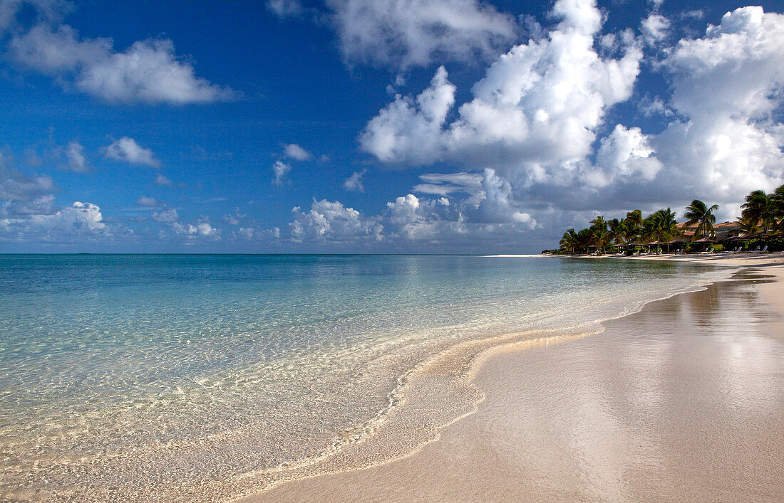 Early morning shot of a quiet beach with no people, a calm ripple and blue sky dotted with white clouds.\nShot in Antigua