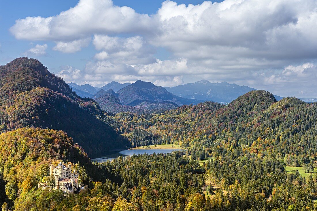 Schwangau, district Ostallgäu, Swabia, Bavaria, Germany, Europe. Hohenschwangau castle and the Alp lake