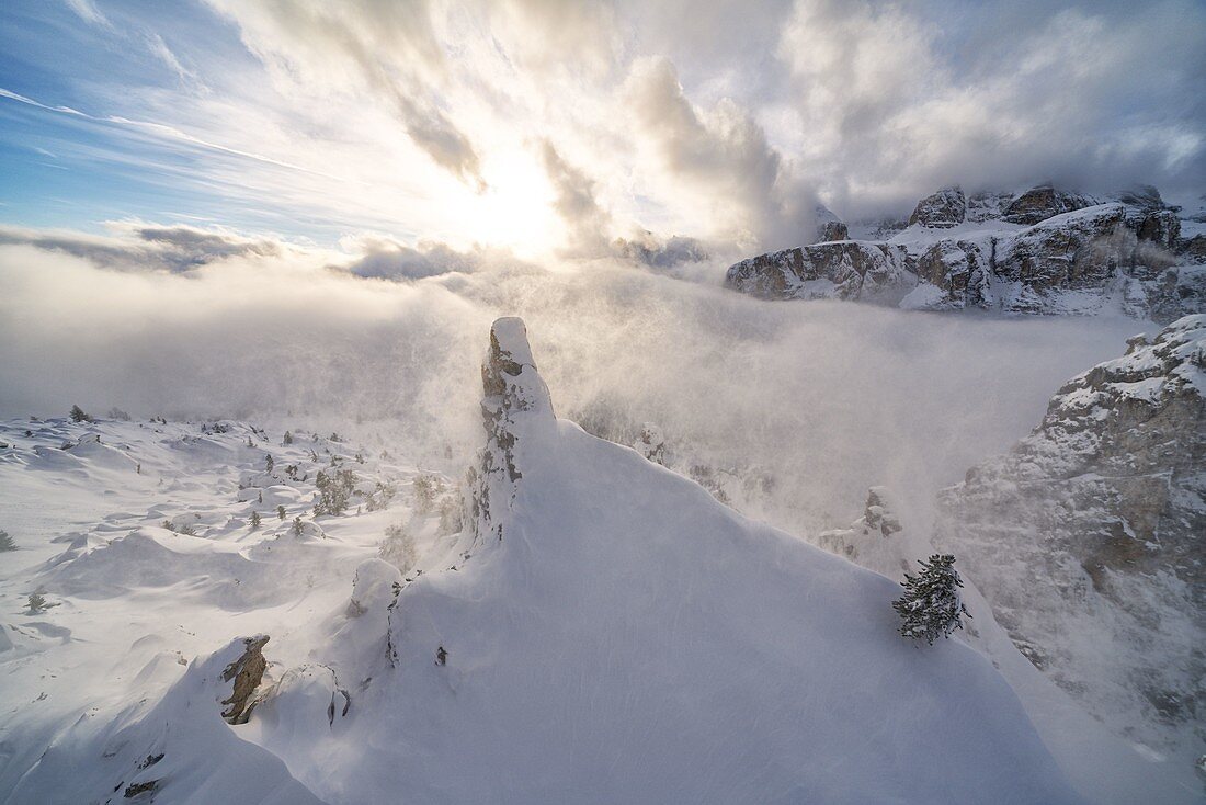 Aerial view of Sella from Cir group in winter, Puez-Odle Nature Park, Gardena Pass, Dolomites, South Tyrol, Italy