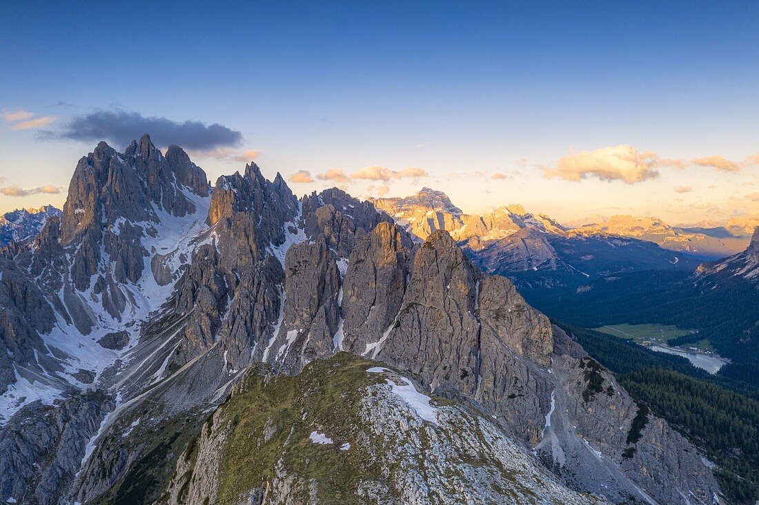 Sharp rocks of Cadini di Misurina mountains at sunrise, Dolomites, Belluno province, Veneto, Italy