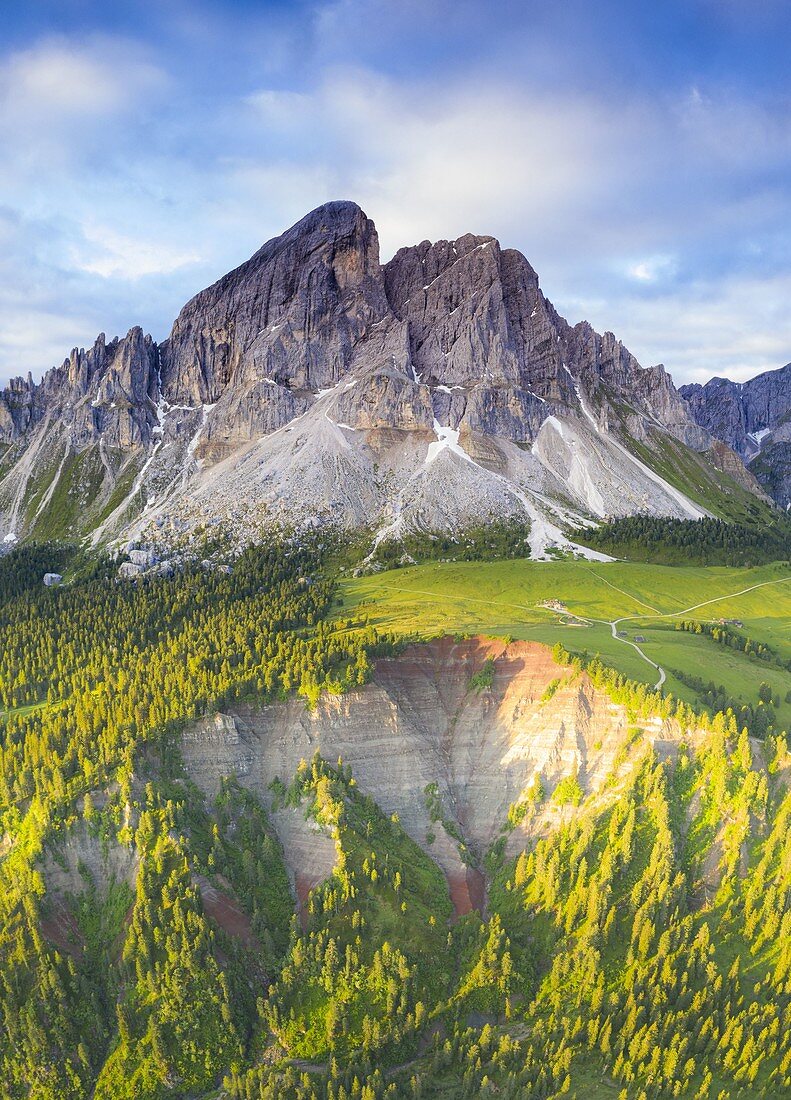 Luftaufnahme der Schlucht bedeckt durch Bäume zu Füßen von Sass de Putia (Peitlerkofel), Passo Delle Erbe, Dolomiten, Südtirol, Italien