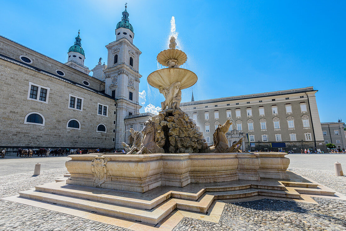 Residenzbrunnen, Residenzplatz And Cathedral In Salzburg, Austria