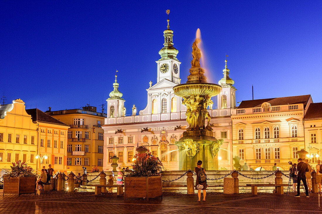 Samson Fountain and Town Hall on the town square of Budweis, South Bohemia, Czech Republic