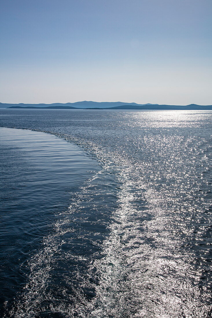 Wake behind keel of cruise ship in the Adriatic Sea, near Kukljica, Zadar, Croatia, Europe