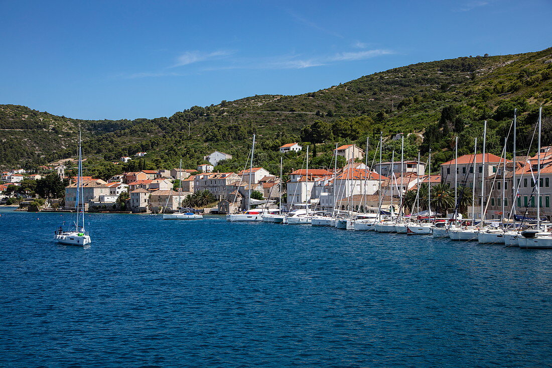 Sailboats moored along the sea promenade, Vis, Vis, Split-Dalmatia, Croatia, Europe