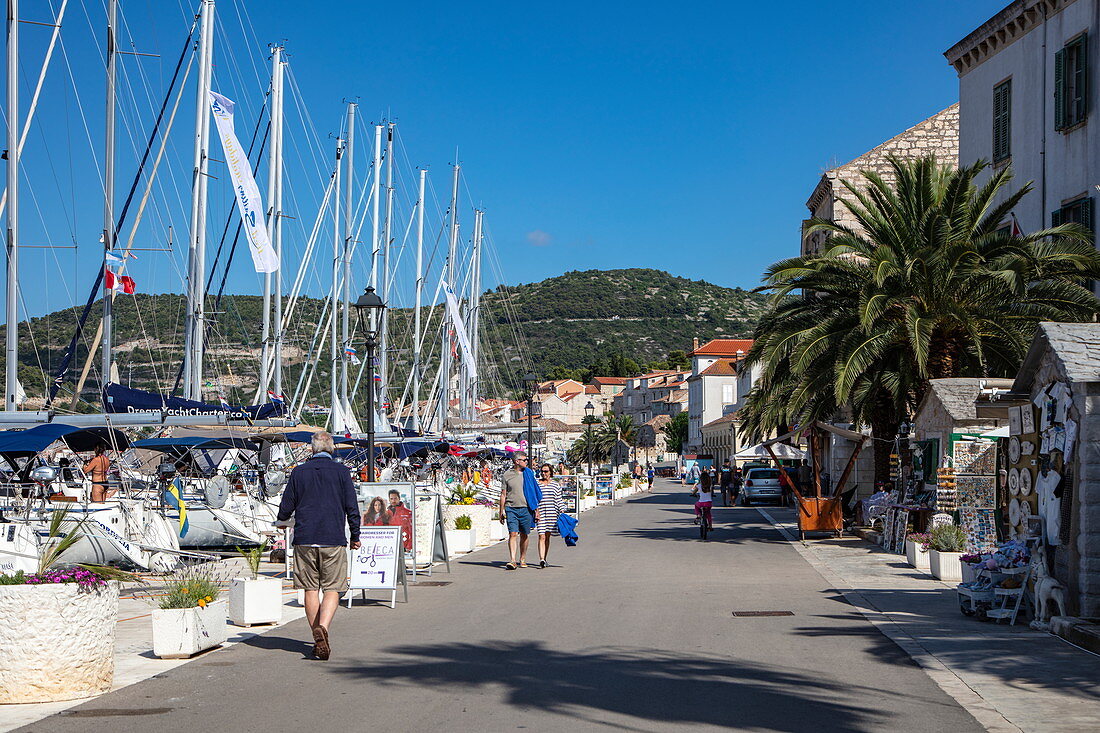 Sailboats and promenade of the town, Vis, Vis, Split-Dalmatia, Croatia, Europe