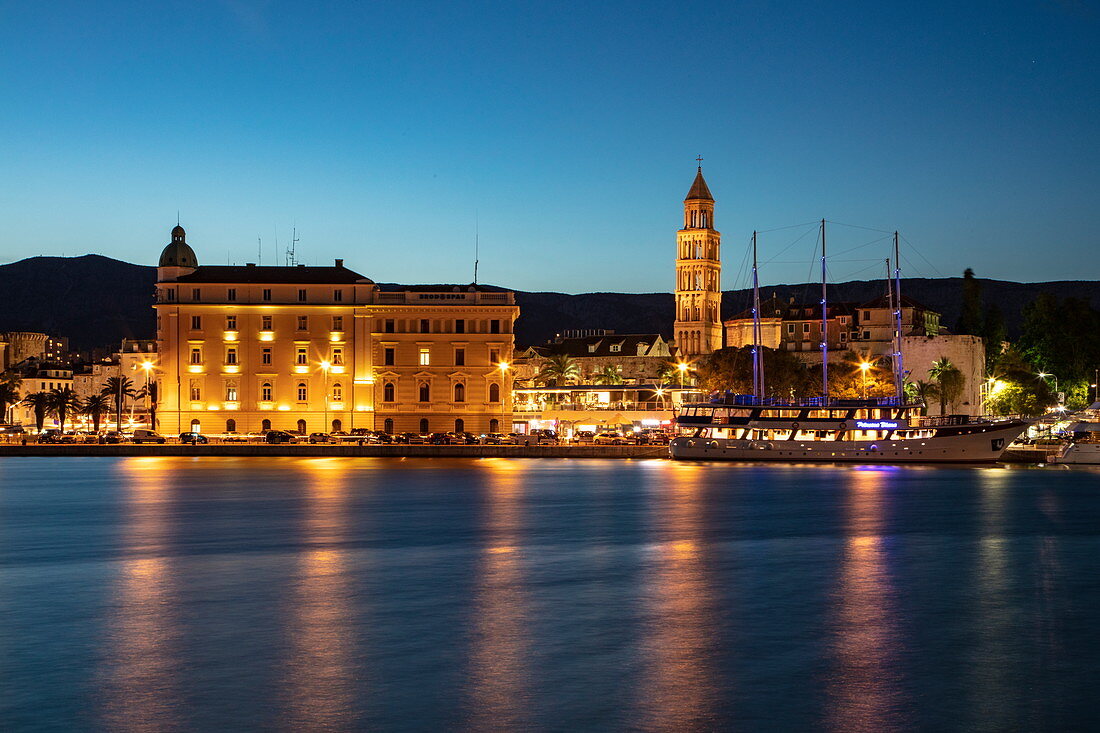 Harbor and town at dusk, Split, Split-Dalmatia, Croatia, Europe