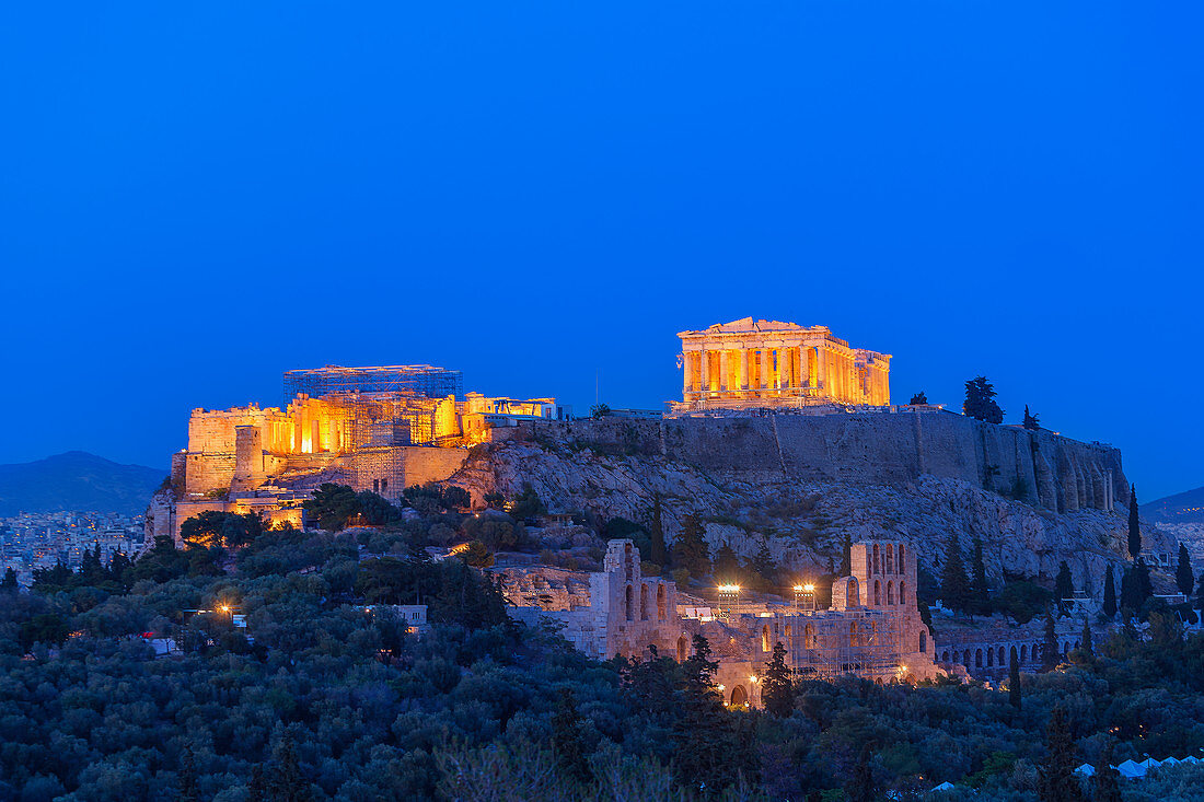 View of the Acropolis by night, Athens, Greece, Europe