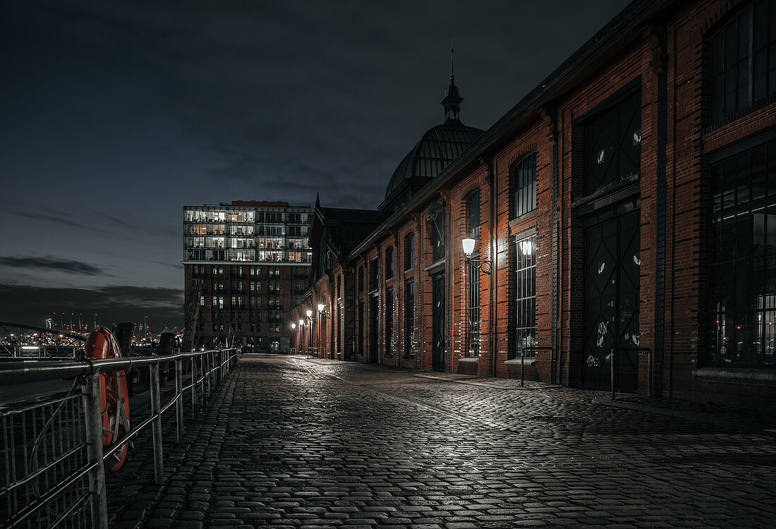 Blick auf den Fischmarkt in Hamburg bei Nacht, Hamburg, Deutschland