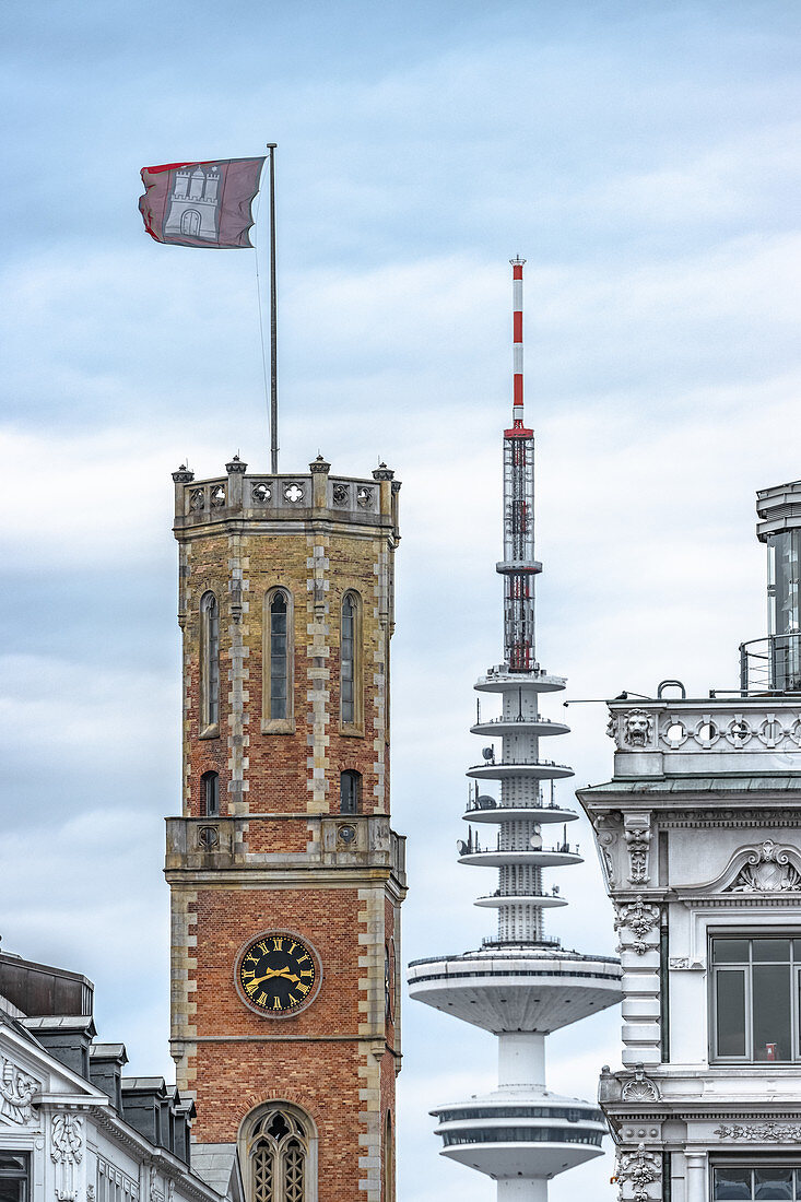 View of the tower of the Alte Post with the television tower in the background, Hamburg, Germany