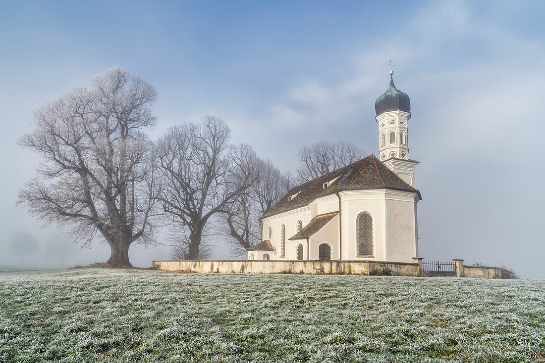 St. Andreas in November morning mist, Etting, Polling, Upper Bavaria, Bavaria, Germany