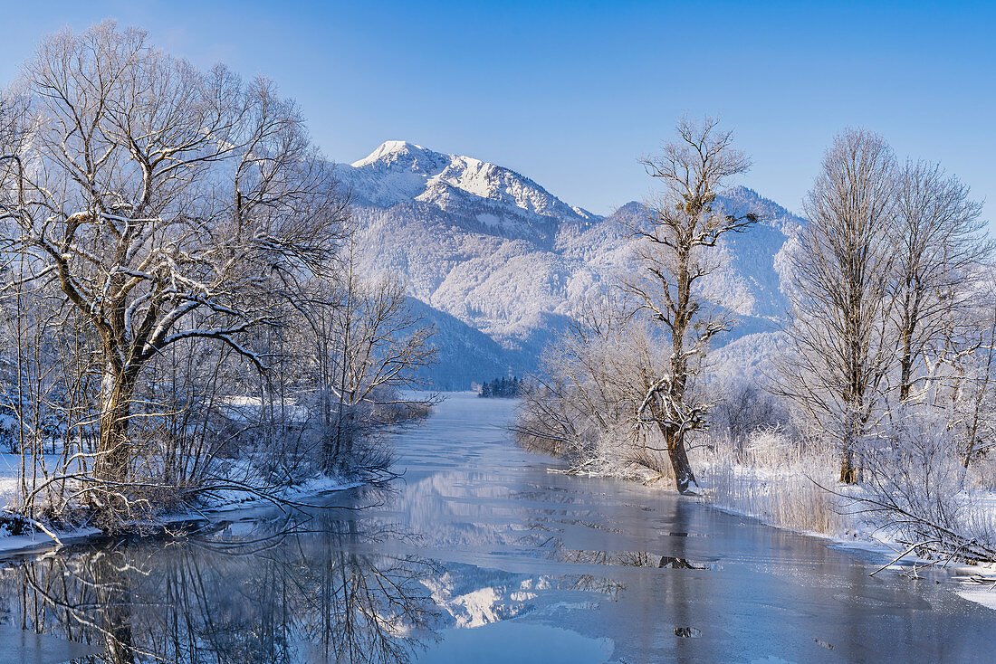 Winter an der Loisach, Kochel am See, Bayern, Deutschland, Europa                     