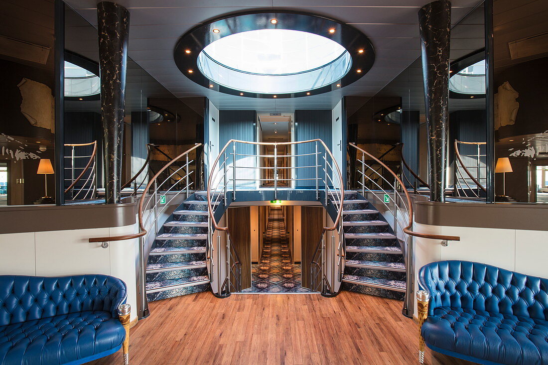 Staircase on board the river cruise ship during a cruise on the Rhine, near Bad Honnef, North Rhine-Westphalia, Germany, Europe