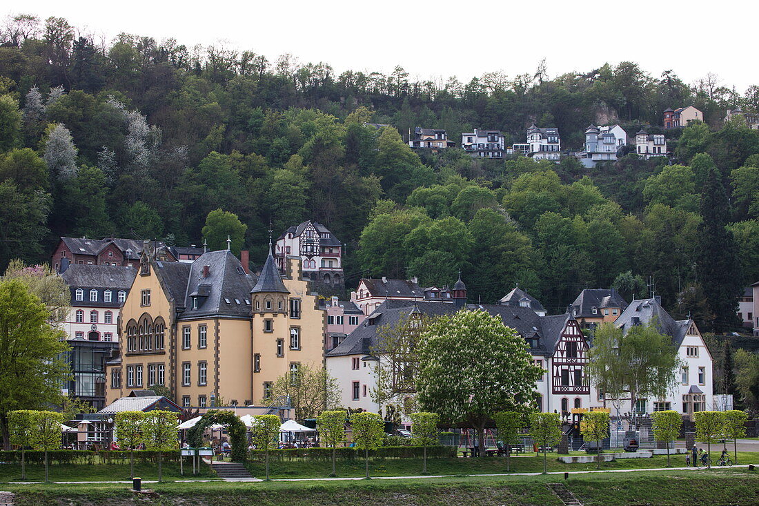 Houses and villas on the Rhine, Hirzenach, Rhineland-Palatinate, Germany, Europe