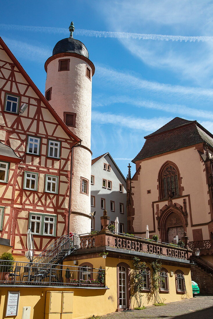 Half-timbered house, White Tower and Kilian's Chapel, Wertheim, Spessart-Mainland, Franconia, Baden-Wuerttemberg, Germany, Europe