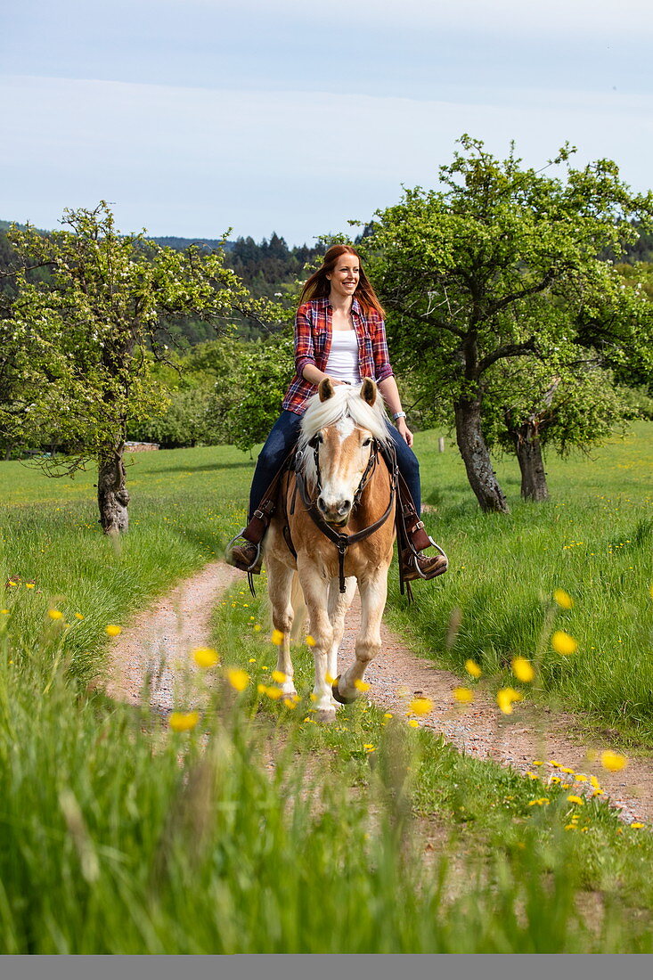 Junge Frau reitet Pferd entlang Feldweg durch üppige Frühlingswiese, Heimbuchenthal, Räuberland, Spessart-Mainland, Franken, Bayern, Deutschland