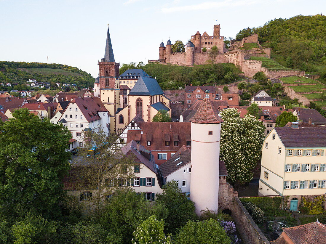Aerial view of the old town and Wertheim Castle, Wertheim, Spessart-Mainland, Franconia, Baden-Wuerttemberg, Germany, Europe