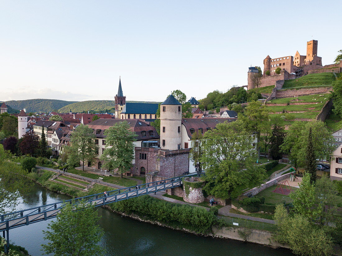 Aerial view of the Tauber with old town and Wertheim Castle, Wertheim, Spessart-Mainland, Franconia, Baden-Wuerttemberg, Germany, Europe