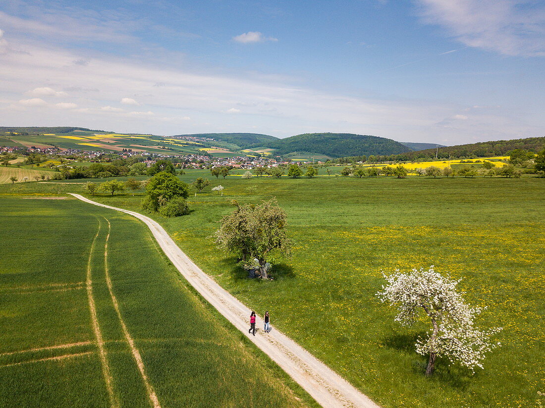 Aerial view of two women walking along dirt road through lush spring landscape, Eschau, Räuberland, Spessart-Mainland, Franconia, Bavaria, Germany, Europe