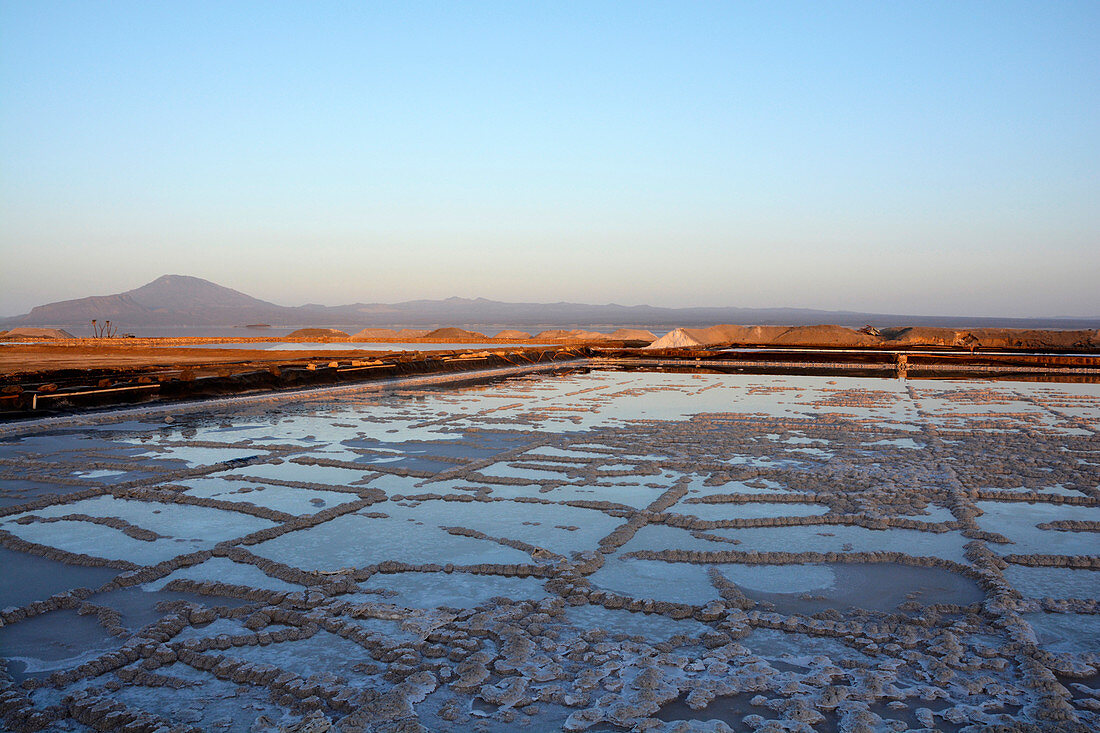 Ethiopia; Afar region; Danakil Desert; Salt pans at Afrera Lake; Water basins for salt extraction; extensive salt mining around the lake