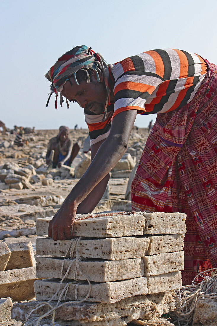 Ethiopia; Afar region; Danakil Desert; Danakil Depression; Workers on the salt pans; loosening and processing the salt plates in laborious manual work; rectangular salt plates are tied into packages