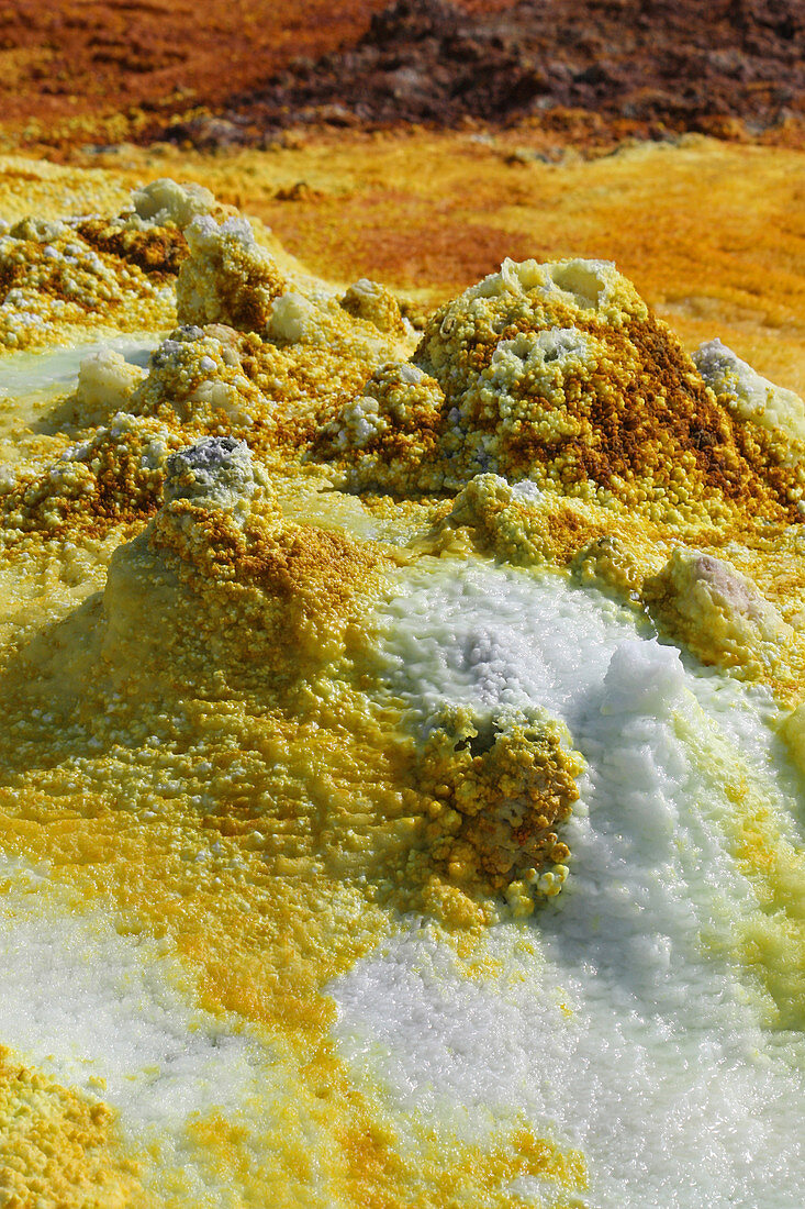 Äthiopien; Region Afar; Danakil Wüste; Danakil Senke; aktives Geothermalgebiet Dallol; schwefelhaltige Salzkruste in Gelb- und Rotfärbung; aus den Öffnungen treten heißes Wasser und Gase aus