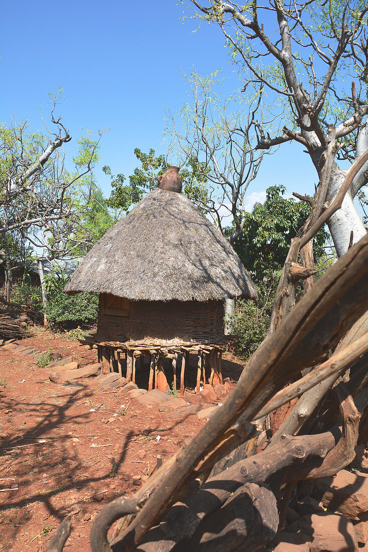 Äthiopien; Region der südlichen Nationen; Konso; strohgedeckte Hütte auf Holzpfählen; traditionelle Bauweise; dient zur Getreidespeicherung