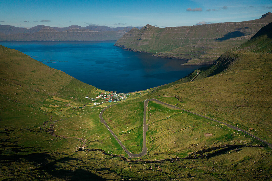 Funningur municipality with serpentine road on Eysturoy Island, Faroe Islands
