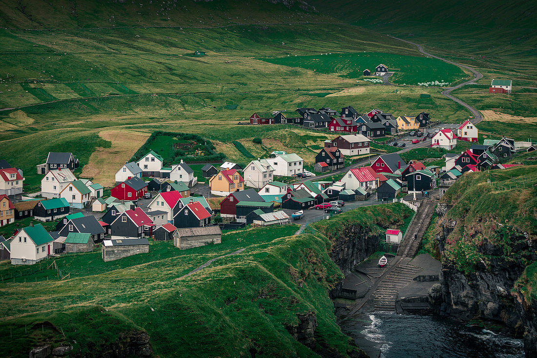 Village of Gjogv on Eysteroy with gorge, Faroe Islands