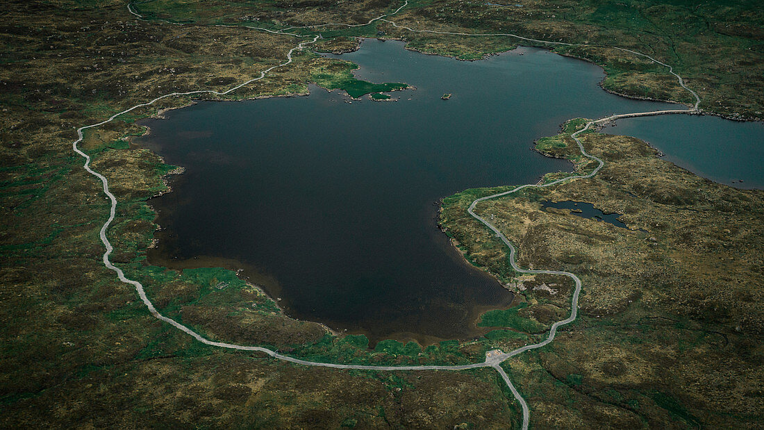 Lake Toftavatn with hiking trail from above, Runavik, Eysteroy, Faroe Islands