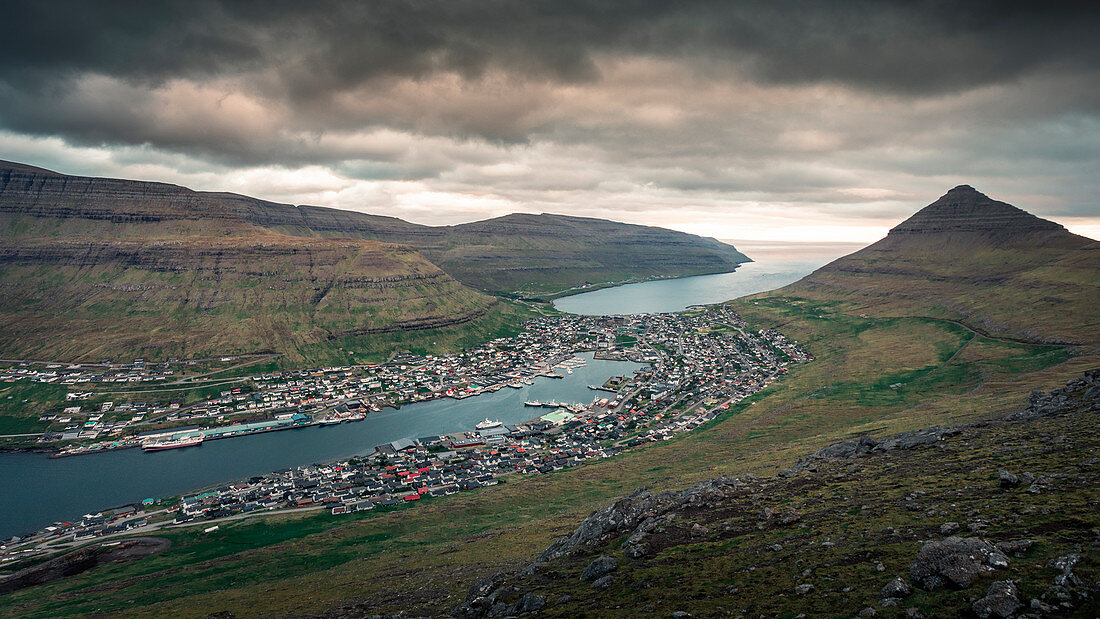 Town of Klaksvik on Bordoy island from above in sunset, Faroe Islands