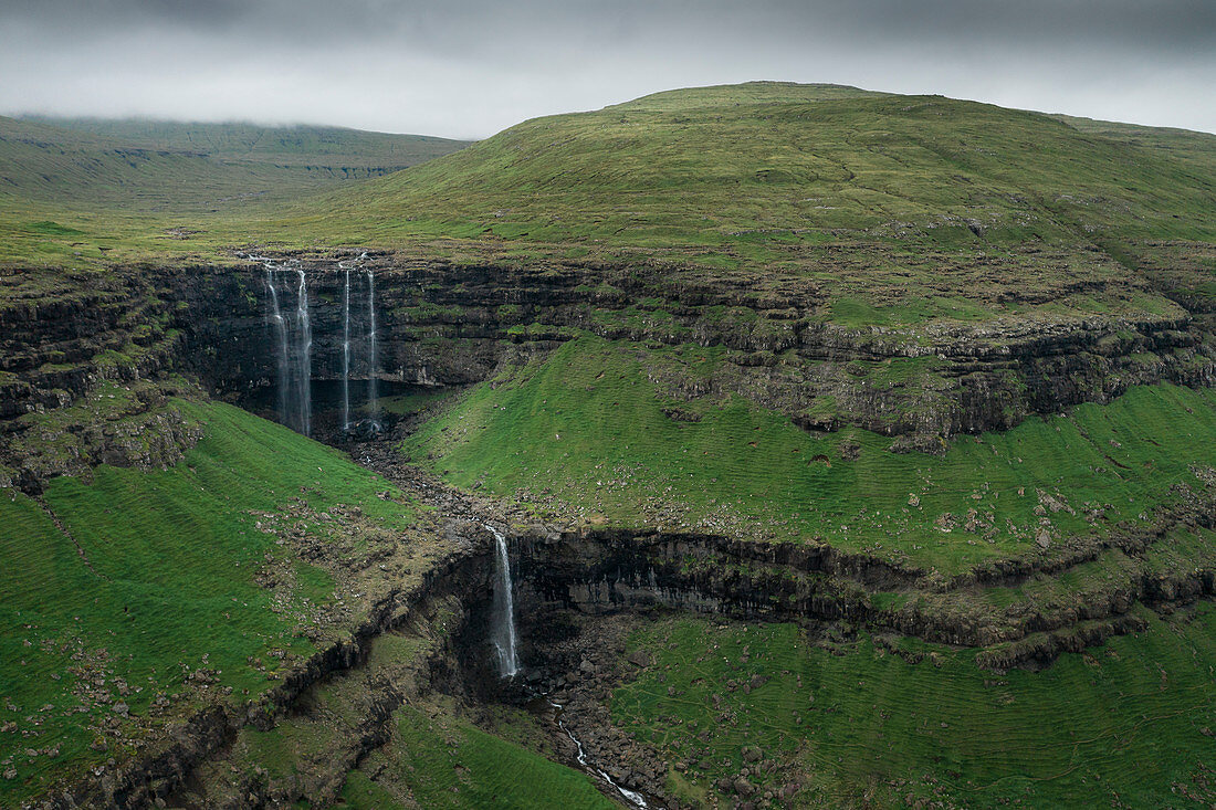 Fossa waterfall on Streymoy island, from above, Faroe Islands