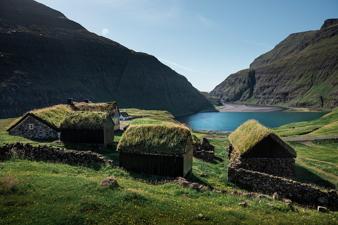Huts with a grass roof in Saksun village on Streymoy Island, Faroe Islands