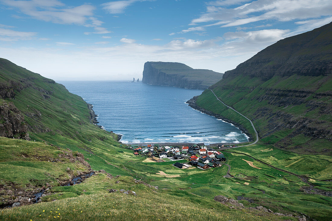 Tjørnuvík village on Streymoy on Faroe Islands by day