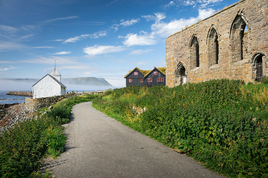 Church and ruin in the village of Kirkjubøur on Streymoy, Faroe Islands
