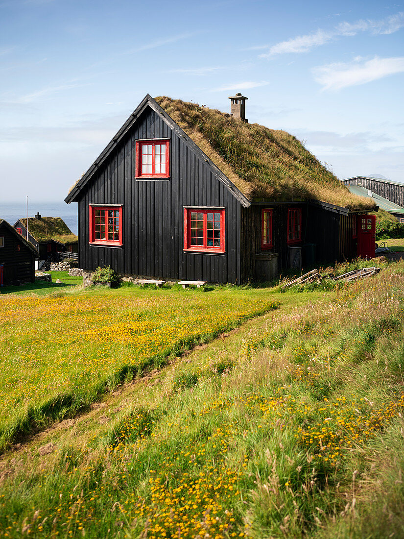 Black houses with red windows and a grass roof in the village of Kirkjubøur on Streymoy in the sun, Faroe Islands