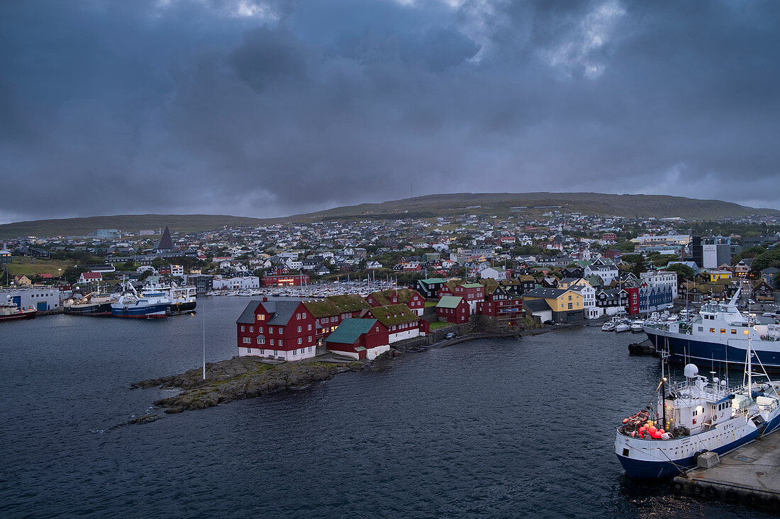 Capital Torshavn with government district at night, Faroe Islands