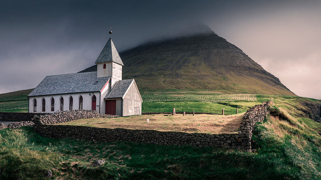 Church in the seaside village of Viðareiði on the island of Vidoy, Faroe Islands