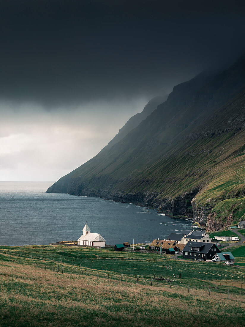 Church in the seaside village of Viðareiði on the island of Vidoy, Faroe Islands