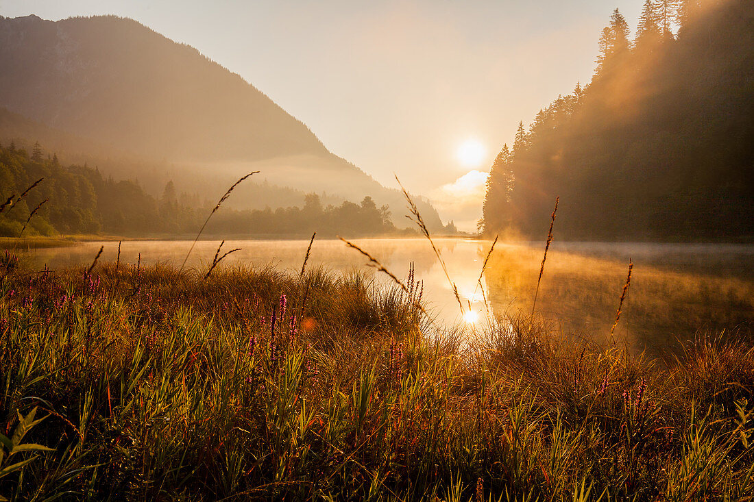 Morgenstimmung am Weitsee bei Reit im Winkl im Herbst, Reit im Winkl, Chiemgau, Bayern, Deutschland